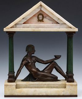 AN ART DECO LIGHTED ALABASTER PORTICO WITH BRONZE NUDE