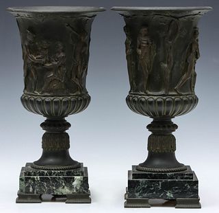A PAIR EARLY 20TH C. CLASSICAL URN TABLETOP TORCHIERES
