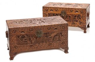 A PAIR EARLY 20TH C. HIGHLY CARVED CAMPHOR WOOD CHESTS