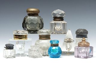 A COLLECTION OF CRYSTAL AND OTHER ANTIQUE INKWELLS