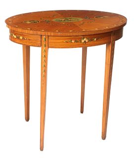 A HIGHLY FIGURED SATINWOOD TABLE WITH PAINT DECORATION