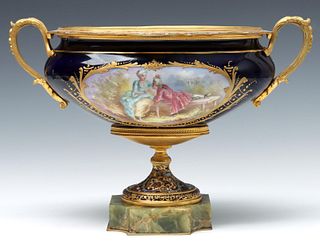 A 19TH C. CONTINENTAL COMPOTE WITH CHAMPLEVE' ON ONYX