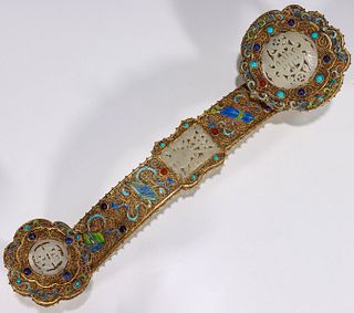 A CHINESE GILT SILVER FILIGREE RUYI SCEPTER WITH JADE