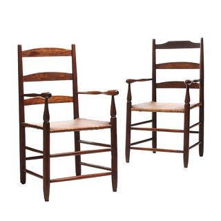 TWO EARLY 19TH CENTURY ENGLISH OAK LADDER BACK CHAIRS