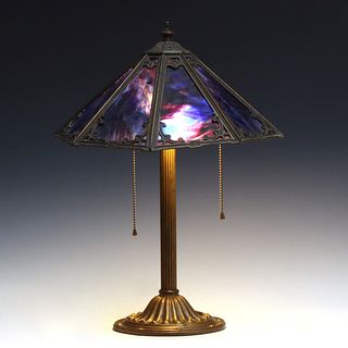 A BRADLEY AND HUBBARD LAMP WITH PURPLE AND BLUE GLASS