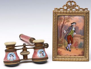 FRENCH ENAMEL ON COPPER PLAQUE AND OPERA GLASSES
