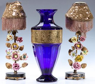 A CUT AND POLISHED MOSER VASE OFFERED W/ BOUDOIR LAMPS