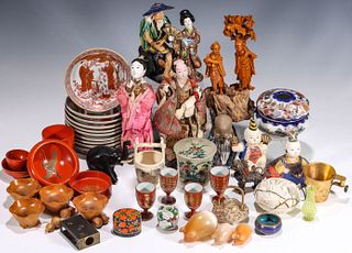 A LARGE COLLECTION OF ASIAN CERAMICS, CARVINGS AND MORE