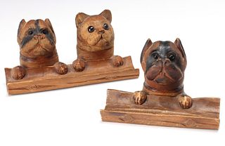 TWO DOG HEAD FIGURAL CARVED WOOD INK WELL PEN HOLDERS