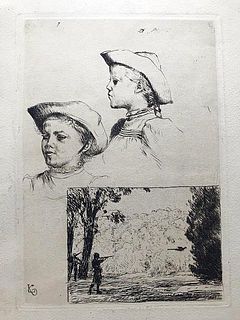 Hunter in landscape & Girl, etching, Ludwig Knaus, Listed German