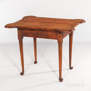 Maple and Pine Porringer-top Tap Table, probably Massachusetts, 18th century, the two-board top with chamfered edge above a straight sk