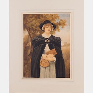 Sir James Dromgole Linton (British, 1840-1916) Pilgrim Woman Holding a Book and Purse Watercolor