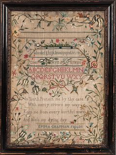 "Emma Chapman Fields" Needlework Sampler, England, early 19th century, stitched with four lines of alphabet and numbers and four lines