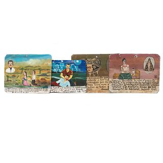 Lote de 4 exvotos. México, siglo XX. Óleos sobre lámina. Unos firmados. Con dedicatorias a Frida y a Jesús Malverde.
