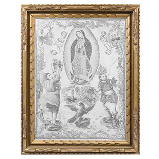 Gobelino de Nuestra Señora de Guadalupe con la alegoría de América, apariciones y emblema nacional. Siglo XX. En fibras de algodón.