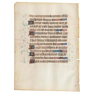 Anónimo. Hoja Iluminada. Mediados del Siglo XV. 15 x 11.5 cm. Manuscrito medieval en papel vitela de un libro francés de horas.