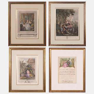 A Group of Four French Hand Colored Engravings, 19th/20th Century.