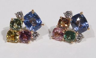 Pair of Multi-Colored Sapphire & Diamond Earrings