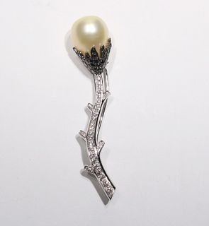Cultured Pearl, Black Diamond Flower Brooch