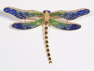 Diamond and Plique a Jour Dragonfly Brooch