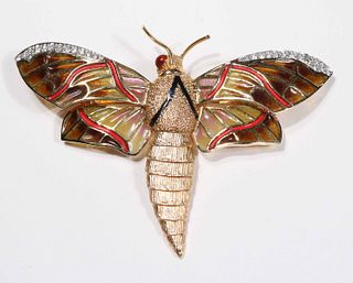 Diamond-Set Plique a Jour Moth Brooch