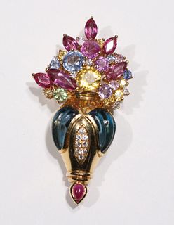 Multi-Colored Gemstone Flower Bouquet Brooch