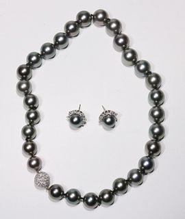 Tahitian Pearl and Diamond Necklace and Earrings
