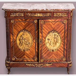 A Louis XVI Style Tulipwood Cabinet with Rouge Marble Top and Ormolu Mounts by Befort Jeune (Mathieu Befort, 1813-1880).