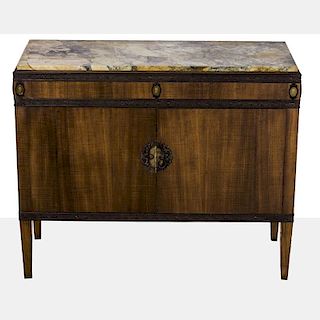 A Louis-Philippe Style Macassar Ebony Commode with Marble Top, Brass Mountings and Intaglio Decorations, 20th Century.