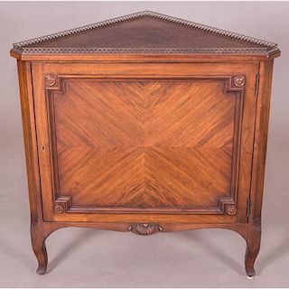 A French Style Walnut Corner Commode with Brass Gallery Top, 20th Century.