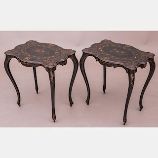 A Pair of Louis XV Style Painted Side Tables with Mother of Pearl Inlaid Decoration, 20th Century.