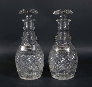Pair of Cut Glass Decanters with Sterling Tags