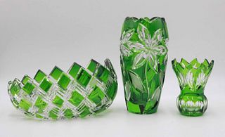 Three Green Cut to Clear Vases and Bowl