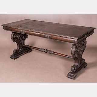 A Renaissance Revival Style Mahogany Library Table with Single Drawer, 20th Century,