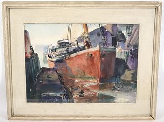 John Whorf, Watercolor on Paper, "Ships at Dock"