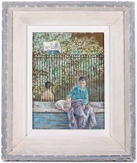 Oil on Board, Boy and Cat on Wall, Don W. Lord