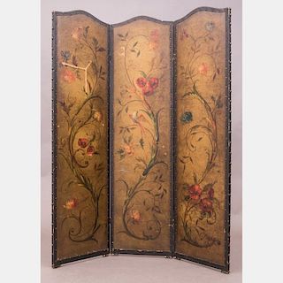 A Vintage Painted Leather Three-Panel Floor Screen, 20th Century.