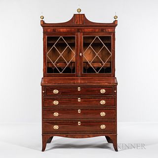 Federal Inlaid Mahogany Desk/Bookcase, Massachusetts, c. 1800-10, the shaped crest joining paneled plinths with brass ball finials, abo