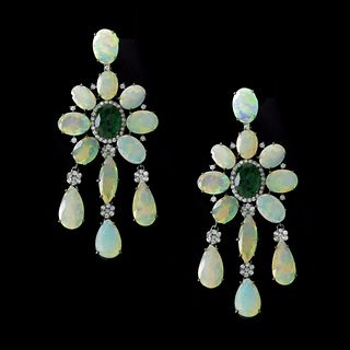 Opal, Emerald and Diamond Earrings