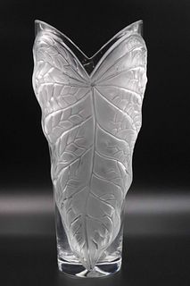 Lalique Frosted & Clear Glass Leaf-Decorated Vase