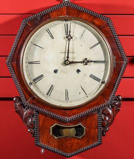 A MID 19TH C. CHAUNCEY JEROME OCTAGON DROP WALL CLOCK