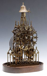 AN EARLY 20C FUSEE DRIVE ENGLISH BRASS SKELETON CLOCK