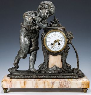 A 19TH CENTURY FRENCH SPELTER STATUE CLOCK WITH MARBLE