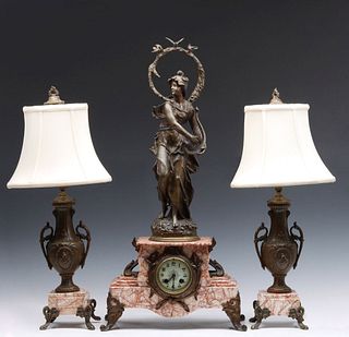 A 19TH CENTURY FRENCH GARNITURE WITH STATUE CLOCK