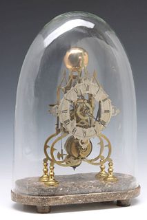 A MID 20TH C. FUSEE DRIVE ENGLISH BRASS SKELETON CLOCK