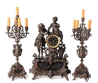 A NICE 19TH C. FRENCH GARNITURE WITH STATUE CLOCK