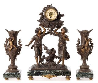 A FRENCH CLOCK GARNITURE WITH STATUE AFTER MOREAU
