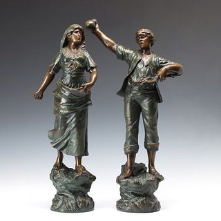 SPELTER FIGURES IN BROWN AND GREEN PATINA