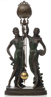A REPRODUCTION MYSTERY CLOCK WITH TWO FEMALE FIGURES
