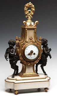 A 19TH C. PARCEL GILT BRONZE LYRE FORM CLOCK WITH PUTTI
